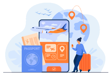 Desenho de avião, passaporte e mulher carregando uma mala de viagem